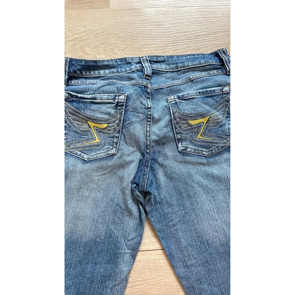 Y2K Low Rise Capri Denim Jeans Women Junior 7  Washed Embroidered Wing Pocket